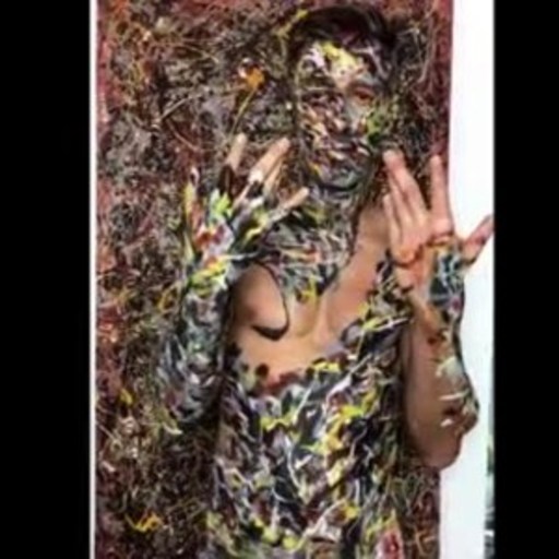 A video of Trina Merry's painting "$140,000,000" comes to life with model Roberto Aguiar. The painting was inspired by Jackson Pollock’s "No., 5, 1948," which famously sold for $140,000,000.