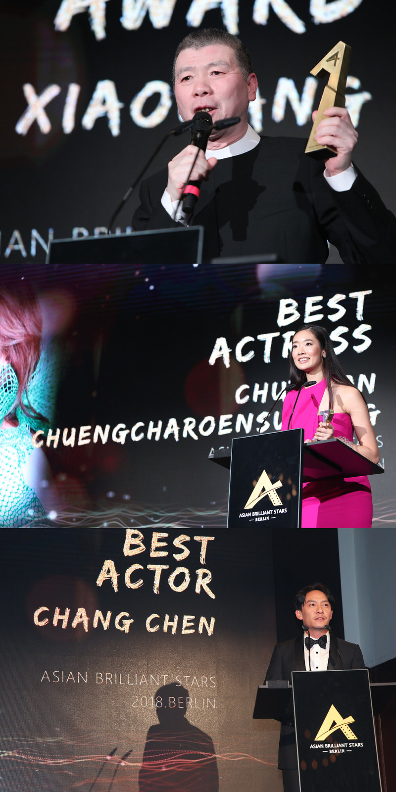 Feng Xiaogang, The Special Jury Award (up); Chutimon Chuengcharoensukying, The Best Actress (middle); Chang Chen, The Best Actor (down)